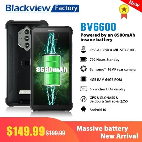 Blackview BV6600 IP68 Waterproof 8580mAh Smartphone Octa Core 4GB+64GB Android 10 Mobile Phone 16MP Camera NFC 5.7"FHD Cellphone