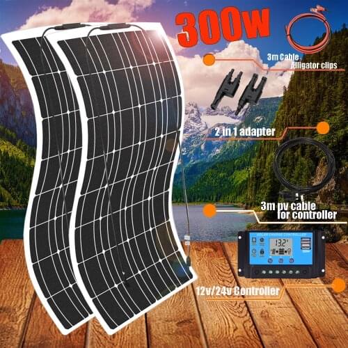 Solar Panel 300w 600w 12v 24v Flexible Battery Charger Kit Home Energy PV System for Car RV Marine Camping Refrigerator TV 1000w