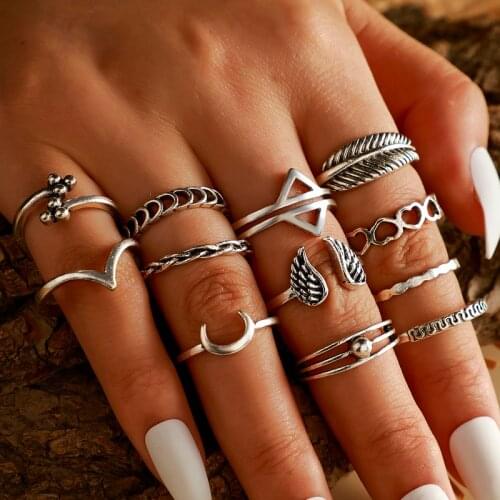 Tocona 12pcs/sets Vintage Silver Color Heart Joint Ring for Women Charm Moon Leaf Wing Geometric Wedding Ring Jewelry 14821