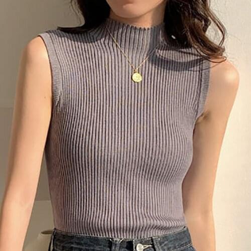 Half Turtleneck Female Tanks Camis 2021 Womens Solid Knitted Tank Tops Sleeveless Summer Clothes For Women Casual Slim Tank Top