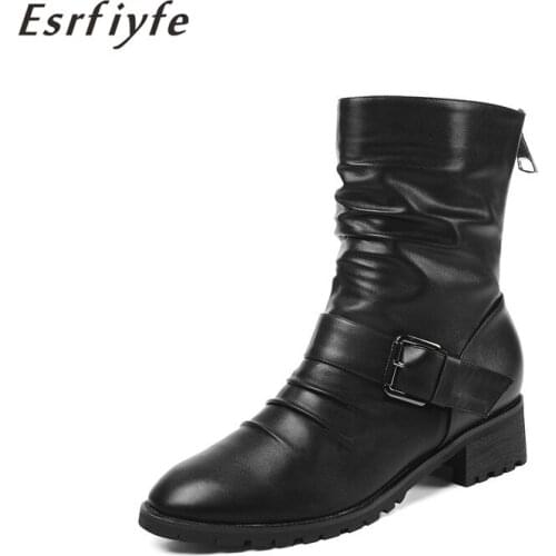 ESRFIYFE 2020 New Fashion Autumn Women Boots Thick Heels Shoes Female Buckle Daily Shoes Martin Boots PU Leather Ankle Boots