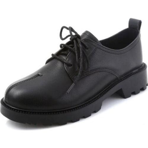 2021 Spring Lace-up Top Cowhide Deep Mouth Women Leather Shoes Thick Bottom Non-slip Flat Shoes Large Size Beige White Black