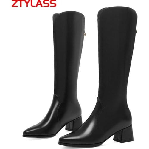 Size 34-47 Fashion Back Zipper Knee High Boots Pu Leather Women Boots Square Low Heel Motorcycle Boots Autumn Winter Woman Shoes