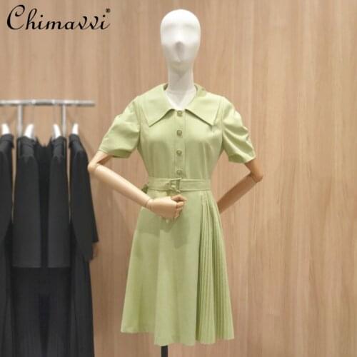 2021 Summer Womens Clothing New Korean Style Doll Collar Pleated Short Sleeve Dress Female Thin Slim Belt Waist A Line Dress