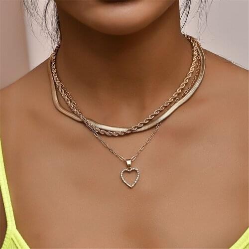 Boho Vintage Metal Rope Snake Chain Crystal Heart Hollow Pendant Necklace For Women Female Fashion Multilevel Collar Jewelry