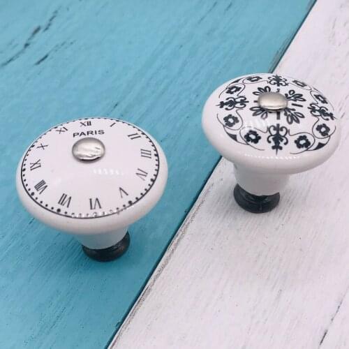1pcs Black White Ceramic Clock/Flower Dresser Knobs Handles For Childrens Room Drawer Knobs Chic Funiture Cupboard Door Handle