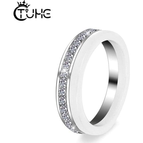 2pcs/Set One Half Row Rhinestone Stainless Steel Women Ring Random Match Other Rings Elegant Style White Ceramic Rings Jewelry