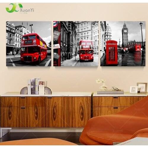 3 Panel London Bus Painting Poster Canvas Art City Bus Street View Landscape Painting Wall Picture For Living Room Unframed