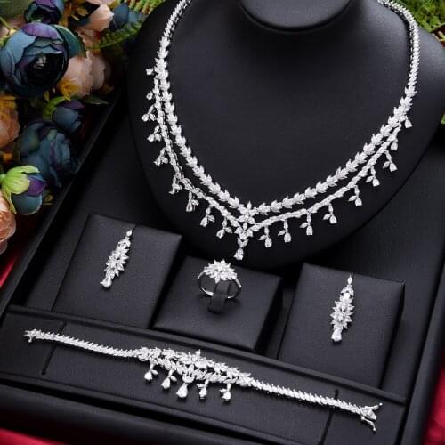 GODKI Luxury Bright Shiny 4PCS Round Necklace Earring Bangle Ring jewelry Sets for women Wedding Indian Bridal Jewelry Sets Gift