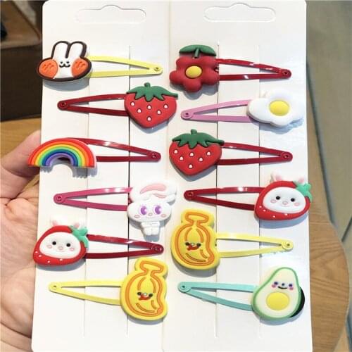 6Pcs Strawberry Fruit Hairpin Rainbow Rabbit Hair Clip Silicone PVC Metal Barrette Headdress Girl Ponytail Hair Accessories Gift