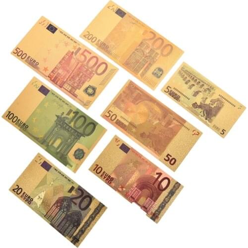 7pcs/lot 5 10 20 50 100 200 500 EUR Gold Banknotes In 24K Gold Fake Paper Money for Collection Euro Banknote Sets