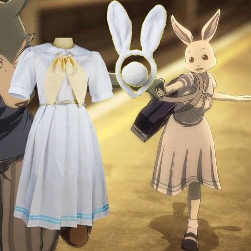 Anime BEASTARS Haru Cosplay Costume White Dresses Mini Rabbit Haru Dress with Bowknot Belt Tail Ears for Halloween Cosplay