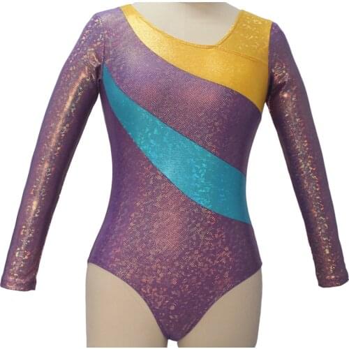 Shiny Gymanstic Long Sleeve Leotard Purple NylonLycra Spotted Laser Pattern Fabric Women Jazz Dance Bodysuit