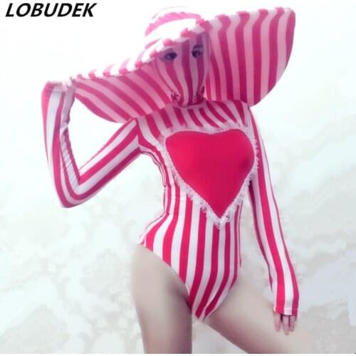 Red White Striped Stretch Skinny Bodysuit Big Hat Nightclub Female Singer DJ Dance Group Costume Bar Party Catwalk Stage Clothes