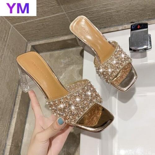 Summer Silver Champagne Womens Sandals New Shoes Pearls Clear Heel Open Toe Comfort Pvc Sexy Square Heel Zapatillas Casa Mujer
