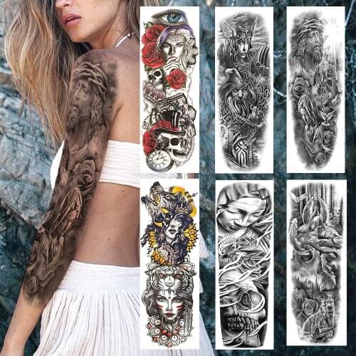 Black Gods Nun Rose Military Temporary Tattoos Sticker Realistic Fake Pigeon Evil Eyes Full Arm Sleeve Long Tatoos For Men Women
