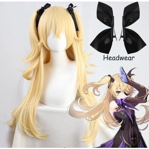 Genshin Impact Fischl Cosplay Long Straight Hair Base Wig+ Pigtails Heat Resistant Adult Men Women Halloween Role Play headdress