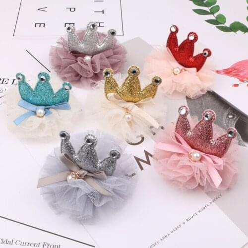Kawaii Glitter Crown Patch Decorated Chiffon Floral Button Tiaras Girls Hair Jewelry Headband Garment Ornament Clip Decoration