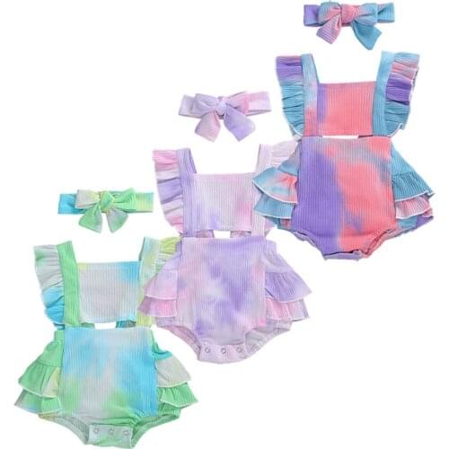 Infant Baby Girls Summer Short Romper Gradient Color Lotus Leaf Decoration Cool Sleeveless Summer Baby Clothing Tie Dye Romper