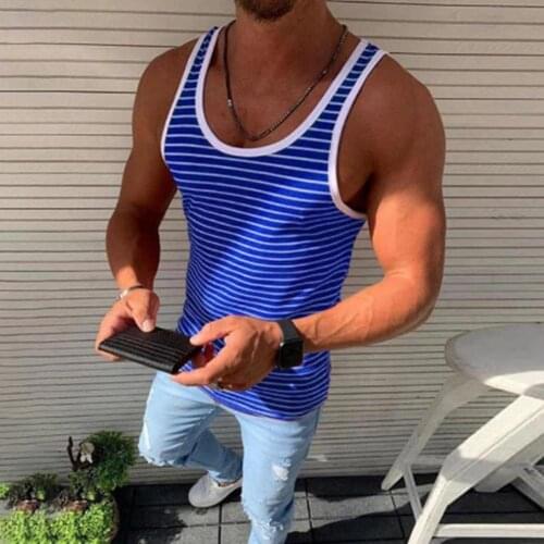 70% Hot Sell Summer Men Vest Sleeveless Horizontal Stripes O Neck Slim Tanks Top T-shirt for Bodybuilding