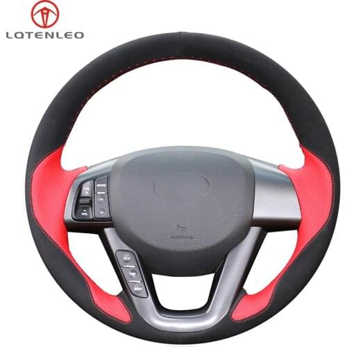 LQTENLEO Red Leather Black Suede DIY Hand-stitched Car Steering Wheel Cover For Kia K5 Optima 2008-2013