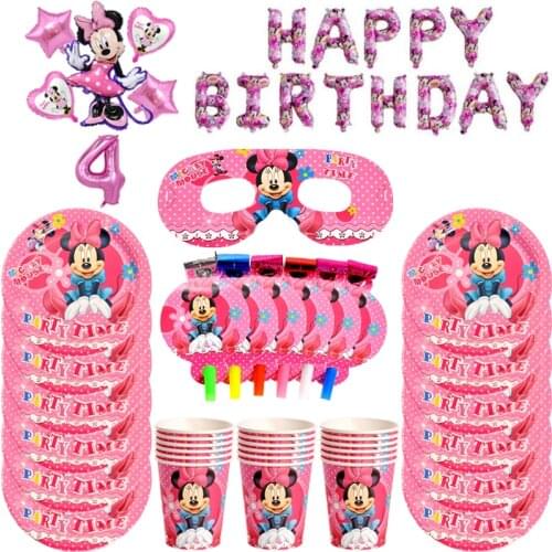 Minnie Mickey Mouse Kids Birthday Party Decorations Balloon Paper Cups Plate Baby Shower Disposable Tableware Supplies