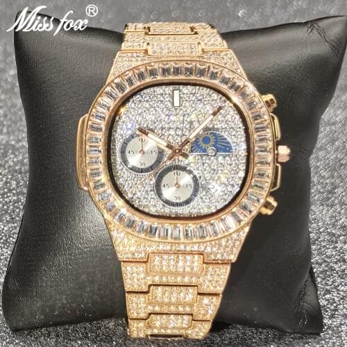 Top MISSFOX Hip Hop Men Watches Diamond Fashion Chronograph Calendar Quartz Watch Iced Out Waterproof Moon Phase Jewelry Clocks