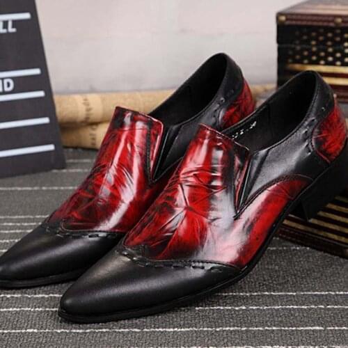 Men Genuine Leather Pointed Toe Red Vintage Dress Shoes Classic Formal Retro Oxfords For Men Flats Footwear Wedding Party Shoes