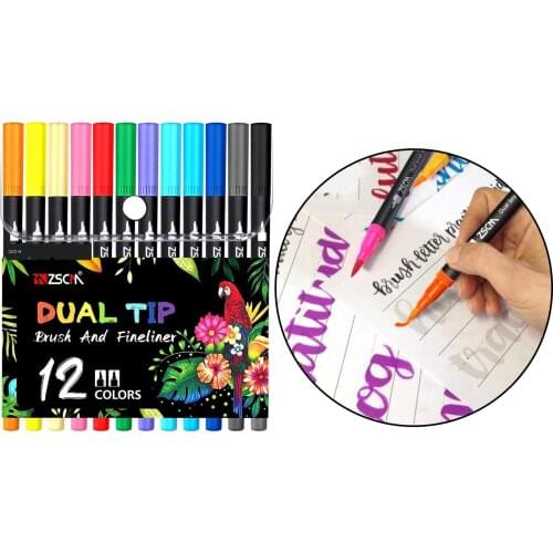 12 Pack Dual Tip Brush Marker Pens Colored Brush Pen Non-Toxic Odorless 0.4