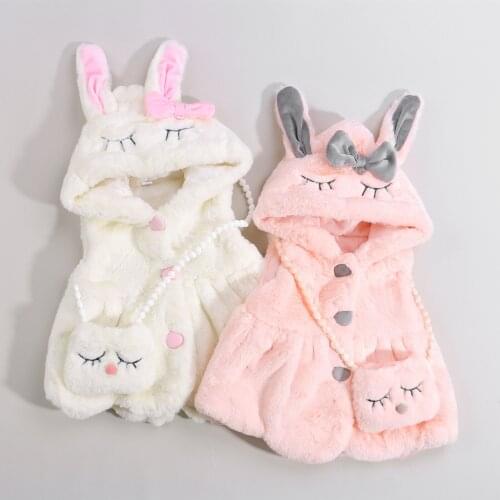Toddler Baby Girls Faux Fur Clothes 2pcs Fluffy Set Embroidery Sleeveless Hooded Coat with Bow-knot+Messenger Bag Lovey Outfits