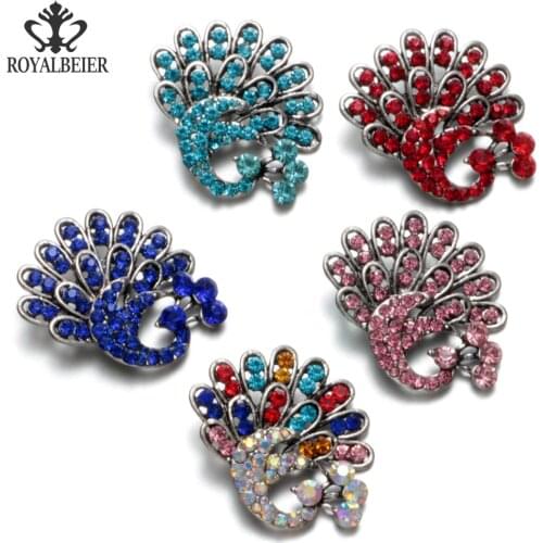 RoyalBeier 5pcs/lot Multi Color Rhinestone Peacock Metal Charms 18mm Snap Button For 20mm Snap Bracelet Snap Jewelry KZ0439