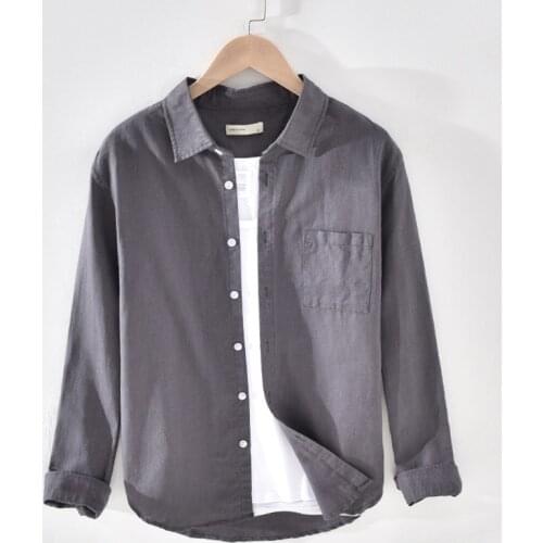 Cotton Linen Long Sleeve Solid Shirt Spring New Men Fashion Casual Classic Single Pocket Turn-down Collar Man Tops Clothes Y2457