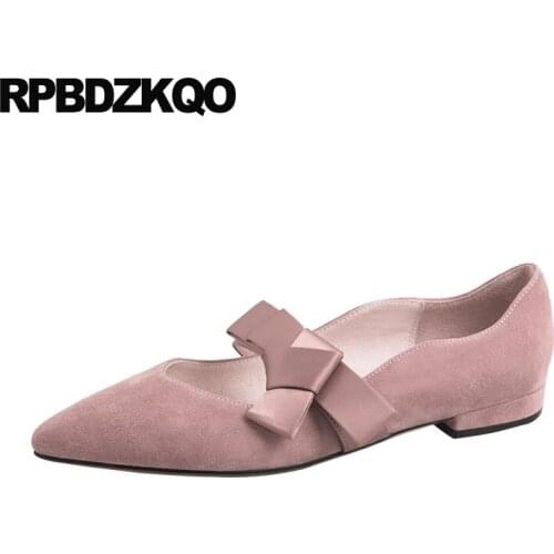 Gray Mary Jane Ladies Bow Party Suede Genuine Leather Rubber Sole China Pointed Toe Flats Women Dress Shoes Pointy Designer Pink