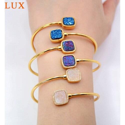 Sparkling Druzy Bangle Bracelets Square Colorful Natural Stone Crystal Bangle 24k Gold color plated Open Cuff Bangles For Women