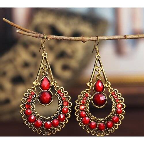 Ethnic Red Beads Tribe Earrings Oorbellen Womens Vintage Gold Flower Alloy Hollow Jhumka Earrings Fashion Jewelry