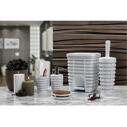 BATHROOM ACCESORY SET 5 PCS MODERN COMPLETE PLASTIC TOOTHBRUSH HOLDER, SOAP DISH, HAND SANITIZER BOTTLE,WASTE BIN,TOILET BRUSH