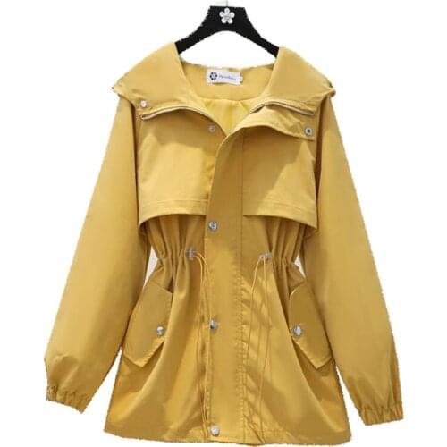 Ladies Windbreaker Mid-Length Hooded Jacket 2021 Spring Autumn New Loose Waist Zipper Casual Women Coat Outerwear Black White