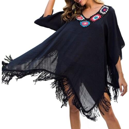 Vintage Boho Womens Bikini Cover Up Dress Beachwear Kaftan Bathing Suit Beachwear Swimwear Tassel Chiffon V Neck Cover Up