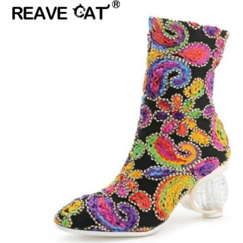 REAVE CAT designed Floral Short strecthed booties Transparent Clear Strange high heels woman mid-calf boots lady bridal shoes