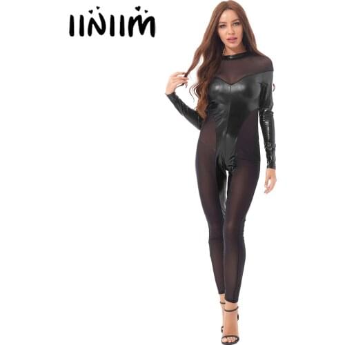 Womens Zipper Back Catsuit Clubwear See-through Mesh Patchwork Skinny Jumpsuit Mock Neck Long Sleeve Patent Leather Bodysuit