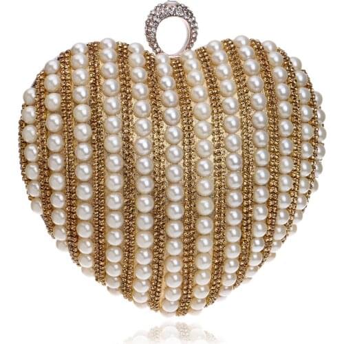Heart Beaded Women Bag Finger Ring Fashion Metal Small Purse Bag Water Rhinestones Party Wedding Evening Bag YM1087