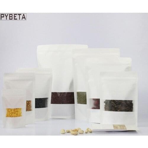 100pcs/lot- 8 sizes available Zipper top Stand up White Kraft Paper Pouch with frosted window food powder candy party gift bag