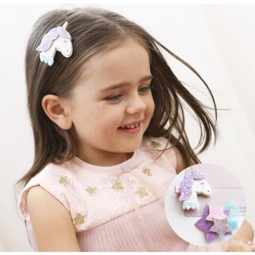 2" Boutique Unicorn Glitter Girls Hair Clips Felt Unicorn Hairgrips Baby Girls Cute Stars Hair Clip Kids Hair Accessories