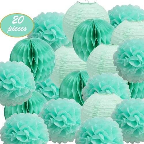 20 Pcs Mint Green Paper Ball Decorations Set Hanging Paper Honeycomb Balls Tissue Poms and Lanterns Mint Green Pastel Wedding