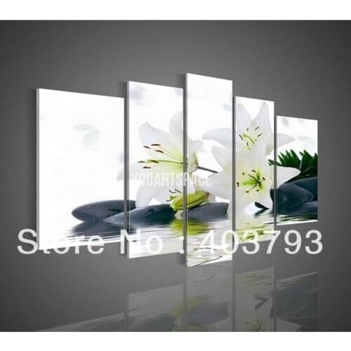 5panels pure hand painted oil paintings elegant white flower stone fengshui painting for home decoration