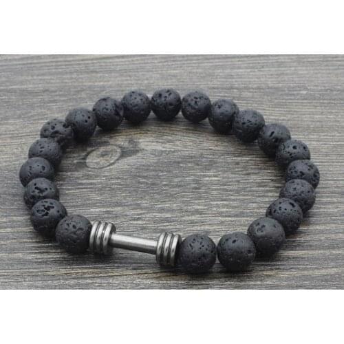 8mm gold silver Dumbbell b34534 Reiki Buddha iyu4 Yoga elastic thread adjusted black volcanic lava Stone bead Bracelet Bangles