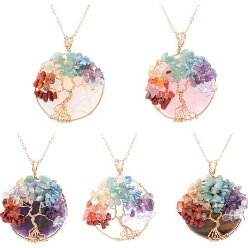 Big Size Reiki Healing Chakra Stone Lucky Tree Quartz Necklaces Rainbow Natural Amethysts Opal Quartz Crystal Pendant Necklaces