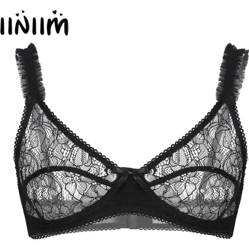 Mens Adult Erotic Sissy Floral Lace Lingerie Bralette Adjustable Spaghetti Straps Wire-free No Padded See Through Sheer Bra Tops
