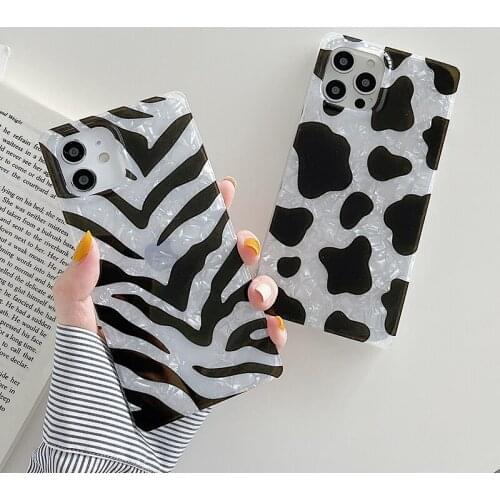 Square Cow Zebra Pattern Phone Case for iPhone 11 12 Pro Max Mini SE2020 7 8 Plus X XR XS Luxury Soft IMD Dream Shell Back Cover