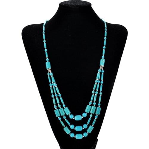 Boho Style Blue Turquoises Stone Beaded Necklace Handmade Three Layers Green Howlite Beads Long Statement Necklaces Jeweley